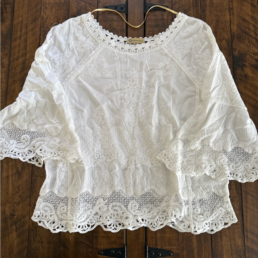 Democracy White Flutter Sleeve Blouse with Ruffled Embellishments